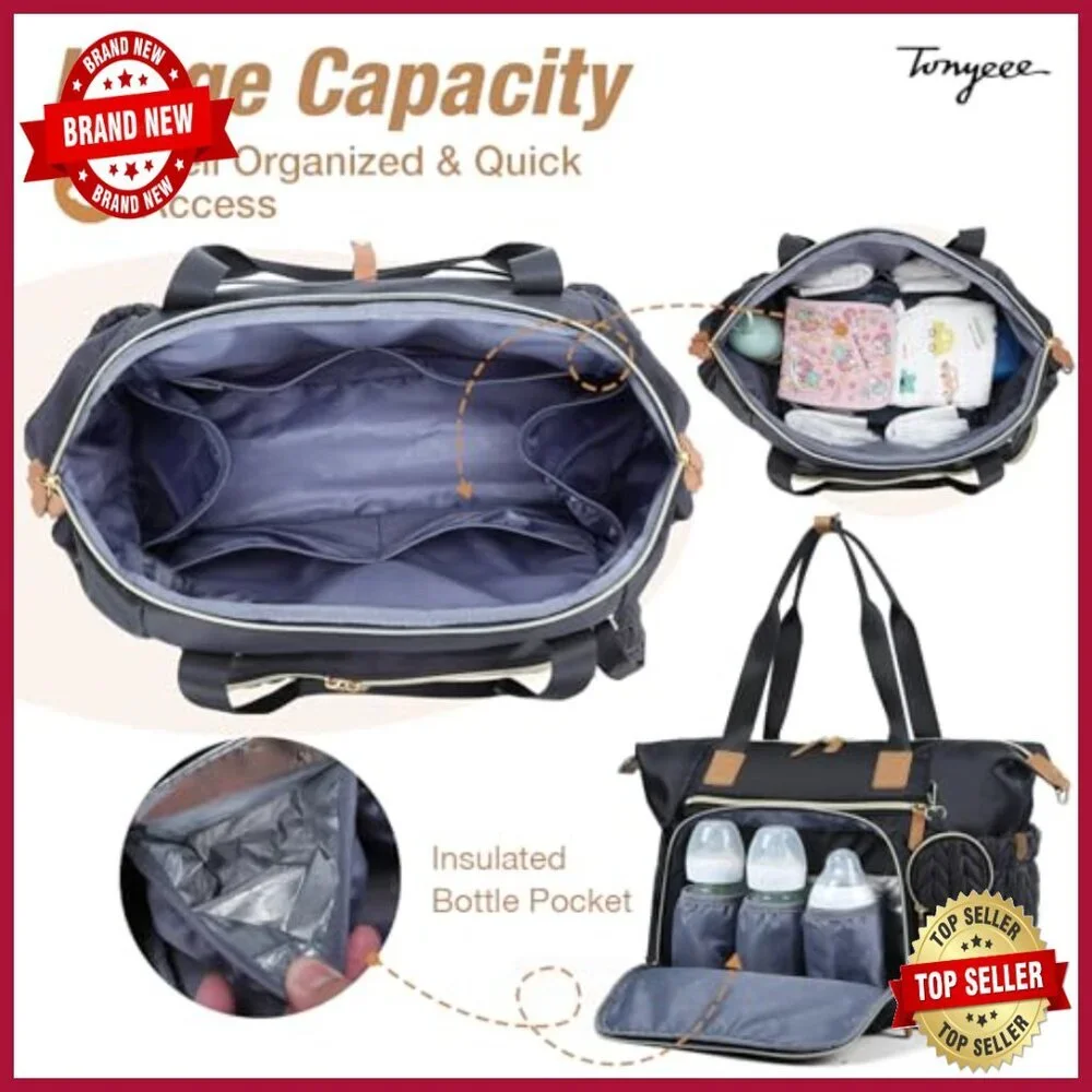 Large Waterproof Diaper Tote Bag with Changing Pad and 16 Pockets